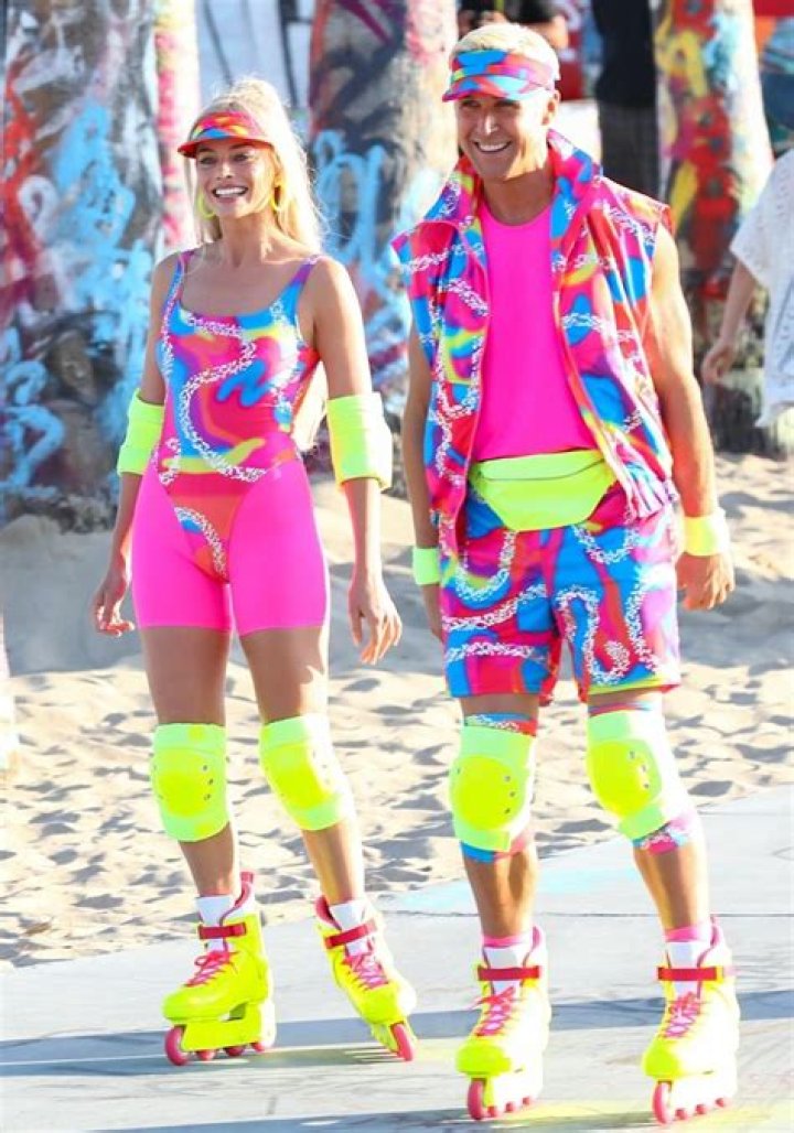 Margot Robbie and Ryan Gosling Channel '80s Neon Barbie and Ken on Rollerblades